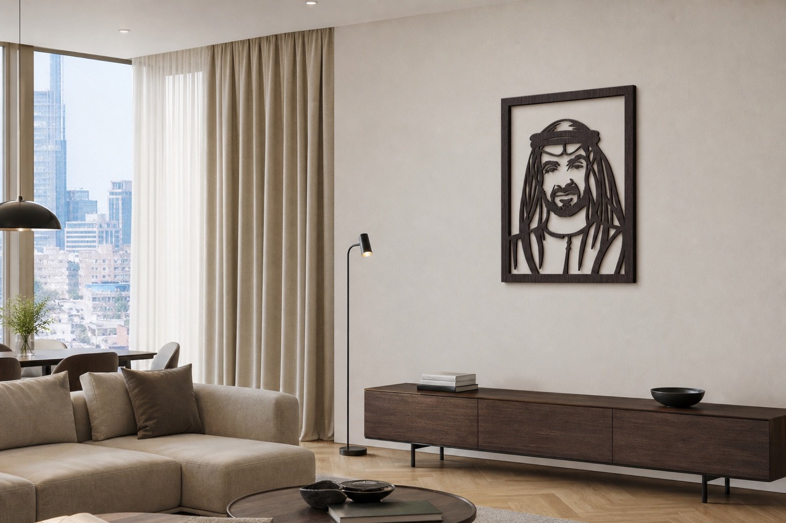 Sheikh Mohammed bin Zayed — Wood & Acrylic, Framed — handcrafted wall art displayed in a premium UAE interior | Hanooon