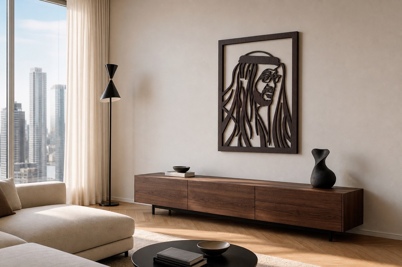 Sheikh Mohammed bin Zayed — Wood & Acrylic, Profile — handcrafted wall art displayed in a premium UAE interior | Hanooon