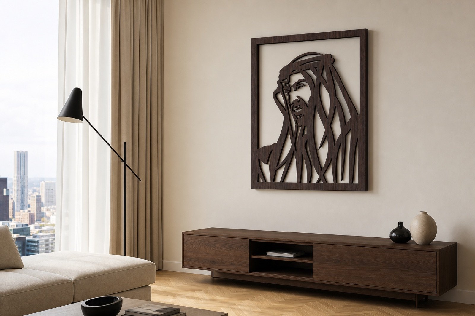 Sheikh Mohammed bin Zayed — Wood & Acrylic, Artistic — handcrafted wall art displayed in a premium UAE interior | Hanooon