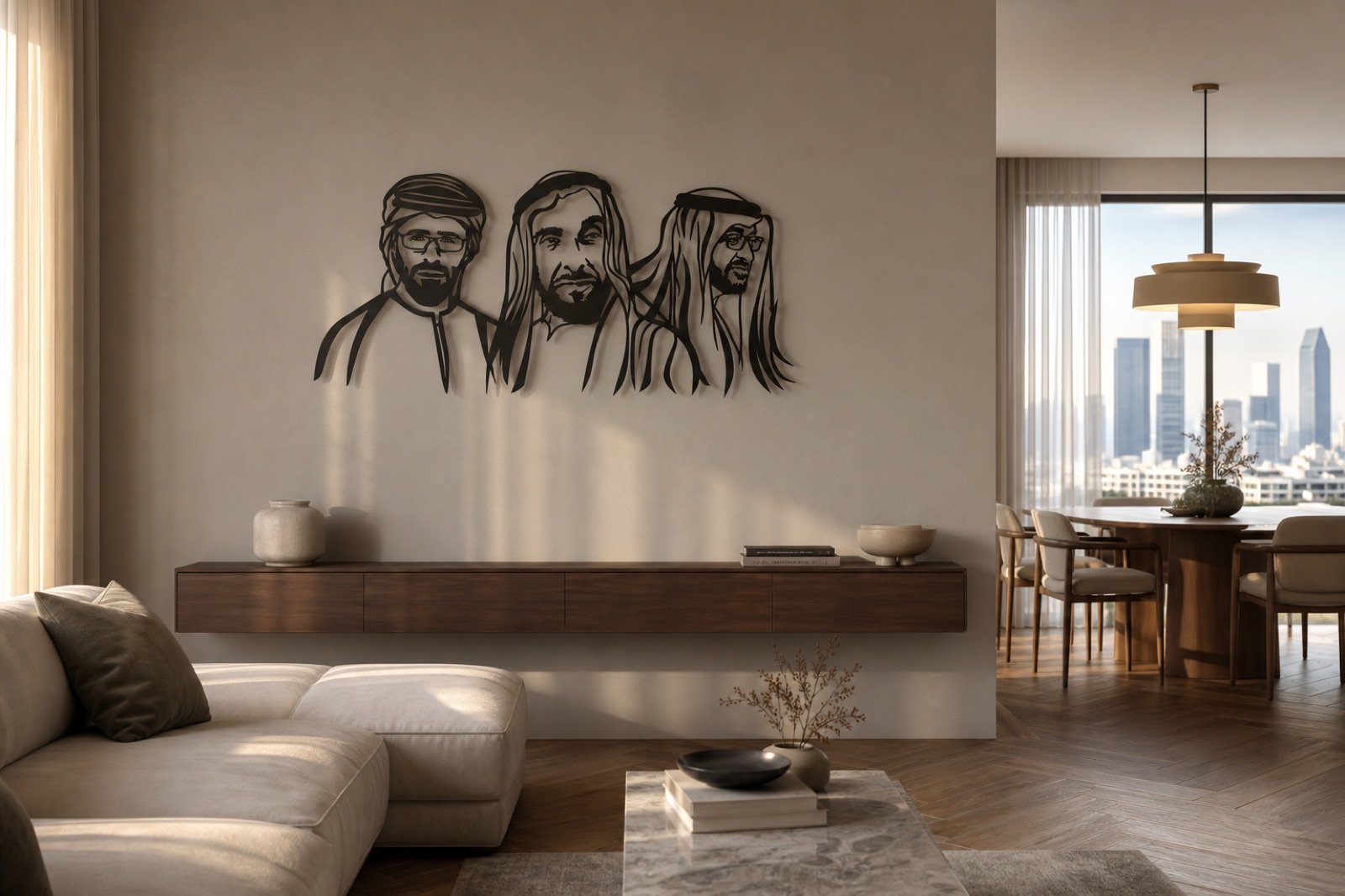 Sheikh Zayed, Mohammed & Khalid — Premium Metal — handcrafted metal wall art displayed in a premium UAE interior | Hanooon (view 8)