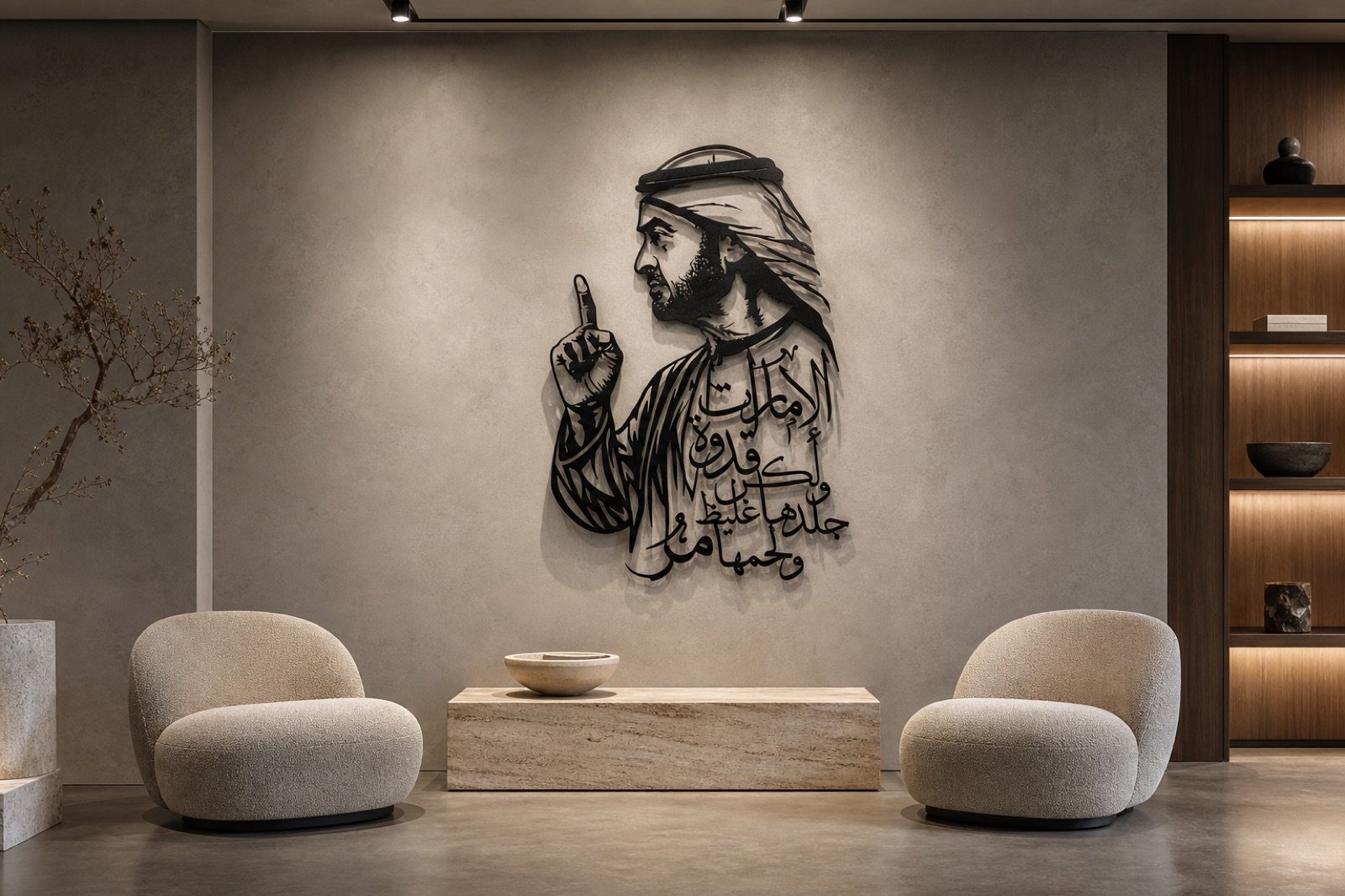 Sheikh Mohammed bin Zayed — Calligraphy Edition (Metal) — handcrafted wall art displayed in a premium UAE interior | Hanooon