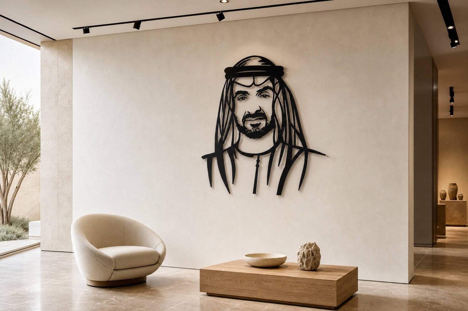 Sheikh Mohammed bin Zayed — Classic Portrait (Metal) — handcrafted wall art displayed in a premium UAE interior | Hanooon