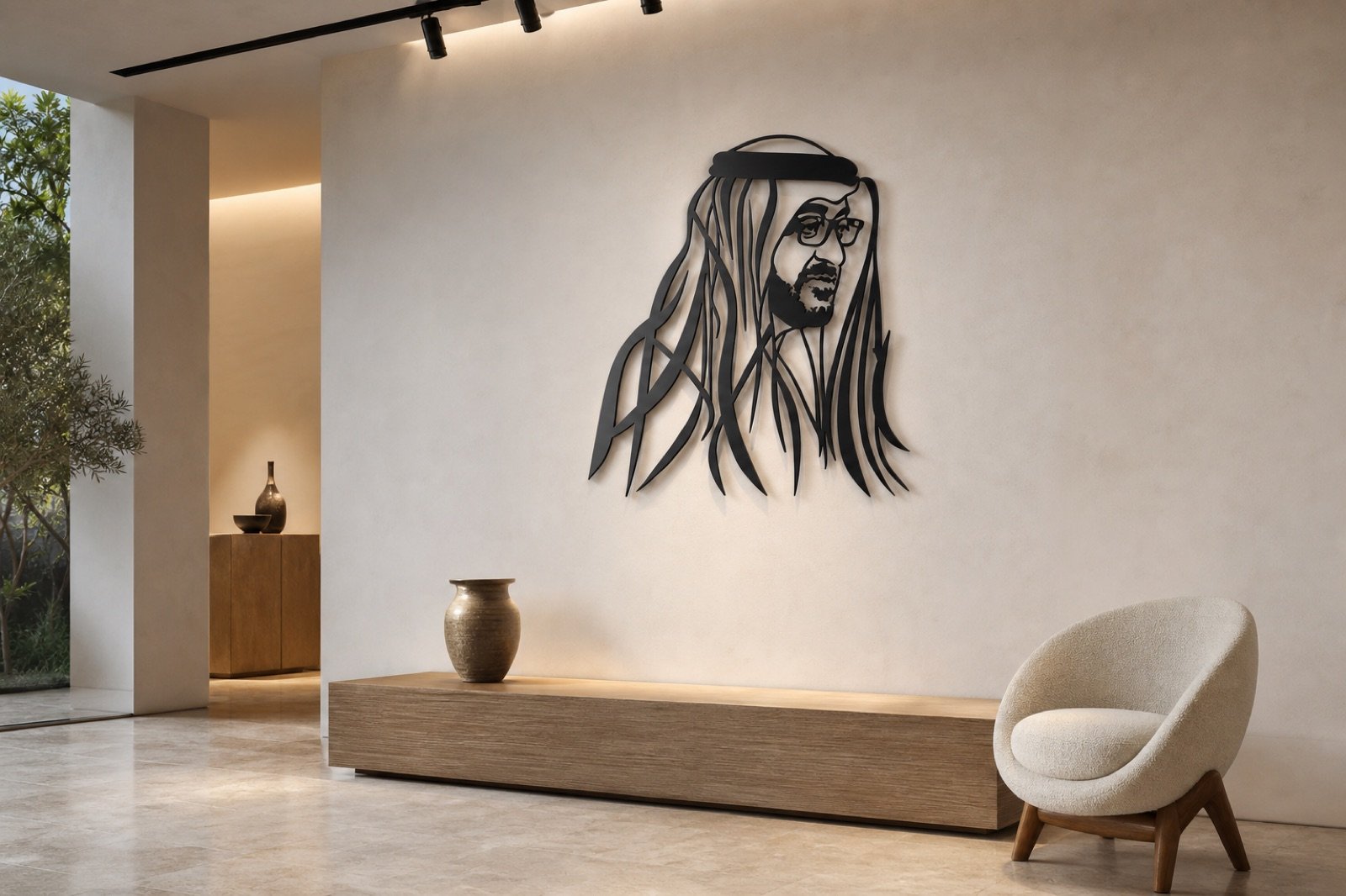 Sheikh Mohammed bin Zayed — Profile Edition (Metal) — handcrafted wall art displayed in a premium UAE interior | Hanooon