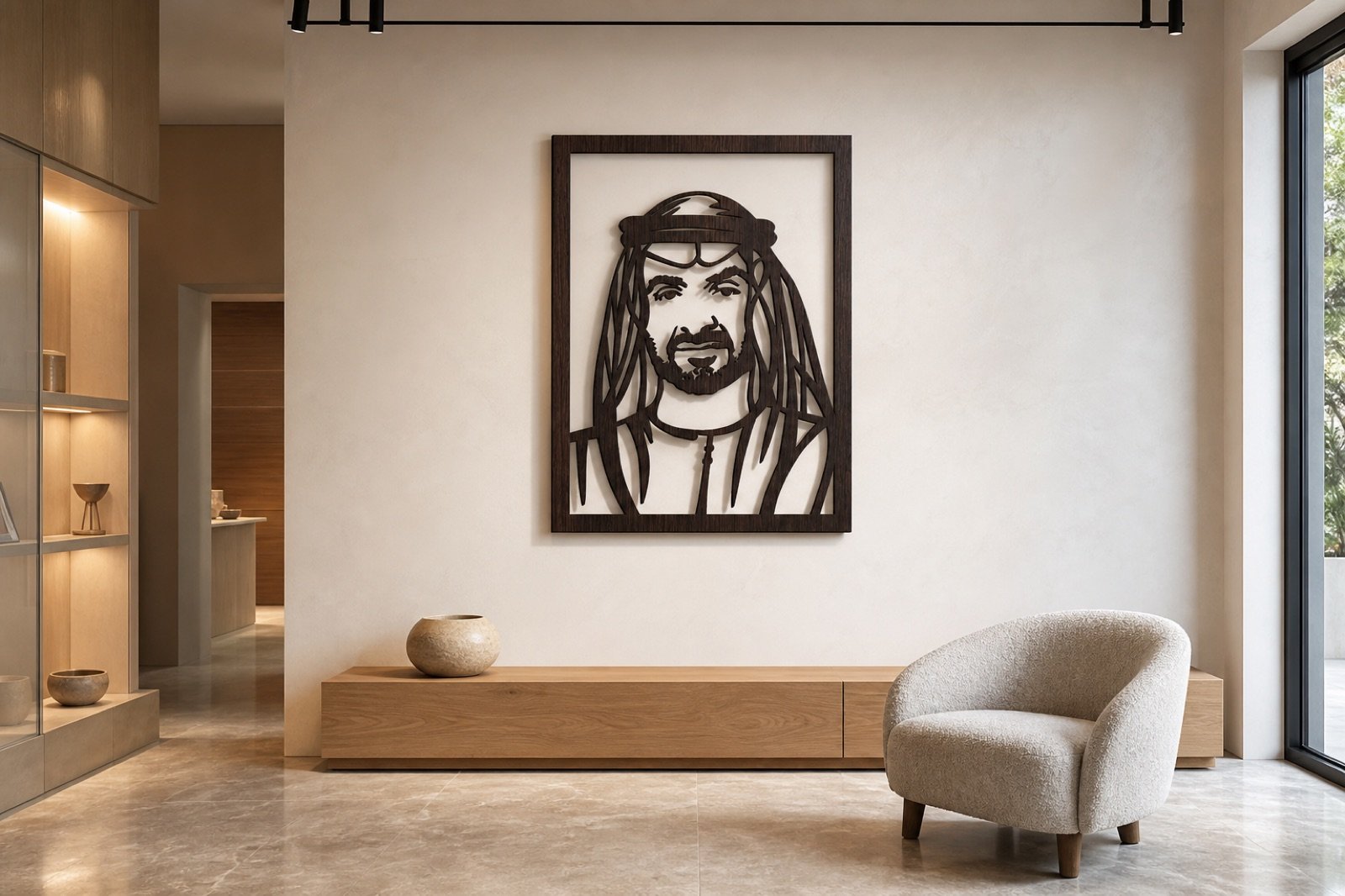 Sheikh Mohammed bin Zayed — Wood & Acrylic, Framed — handcrafted wall art displayed in a premium UAE interior | Hanooon