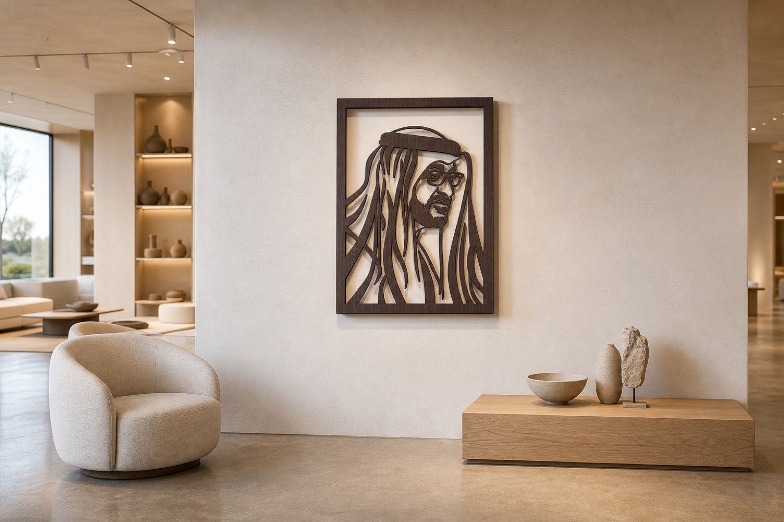 Sheikh Mohammed bin Zayed — Wood & Acrylic, Profile — handcrafted wall art displayed in a premium UAE interior | Hanooon