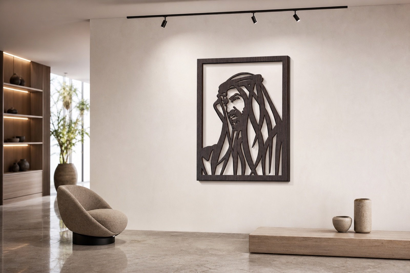 Sheikh Mohammed bin Zayed — Wood & Acrylic, Artistic — handcrafted wall art displayed in a premium UAE interior | Hanooon