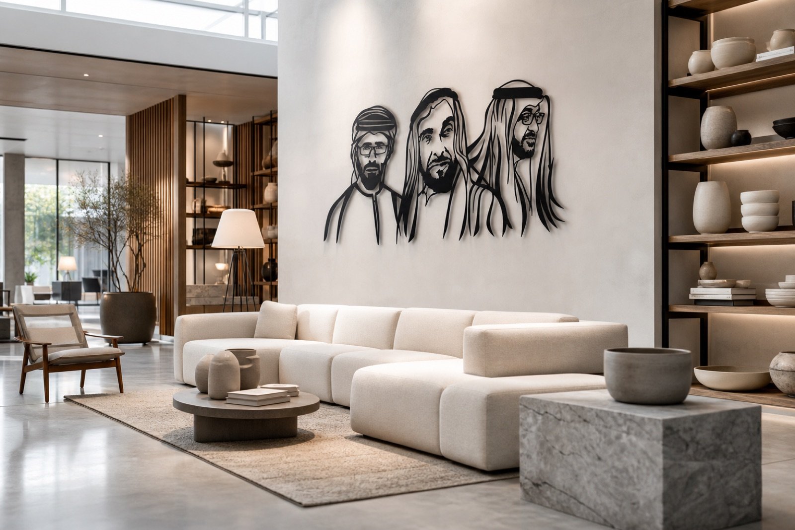 Sheikh Zayed, Mohammed & Khalid — Premium Metal — handcrafted metal wall art displayed in a premium UAE interior | Hanooon (view 9)
