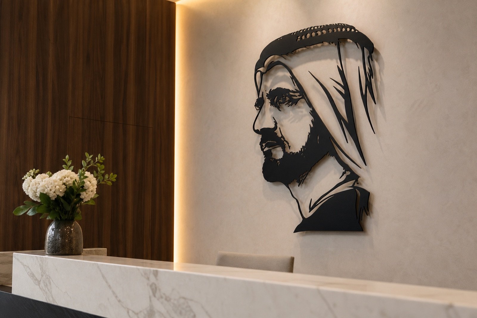 Sheikh Mohammed bin Rashid — Premium Metal — handcrafted wall art displayed in a premium UAE interior | Hanooon