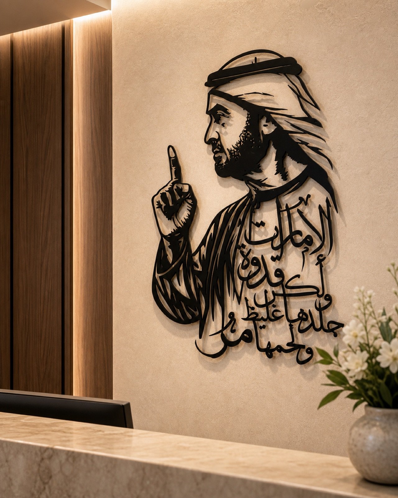 Sheikh Mohammed bin Zayed — Calligraphy Edition (Metal) — handcrafted wall art displayed in a premium UAE interior | Hanooon