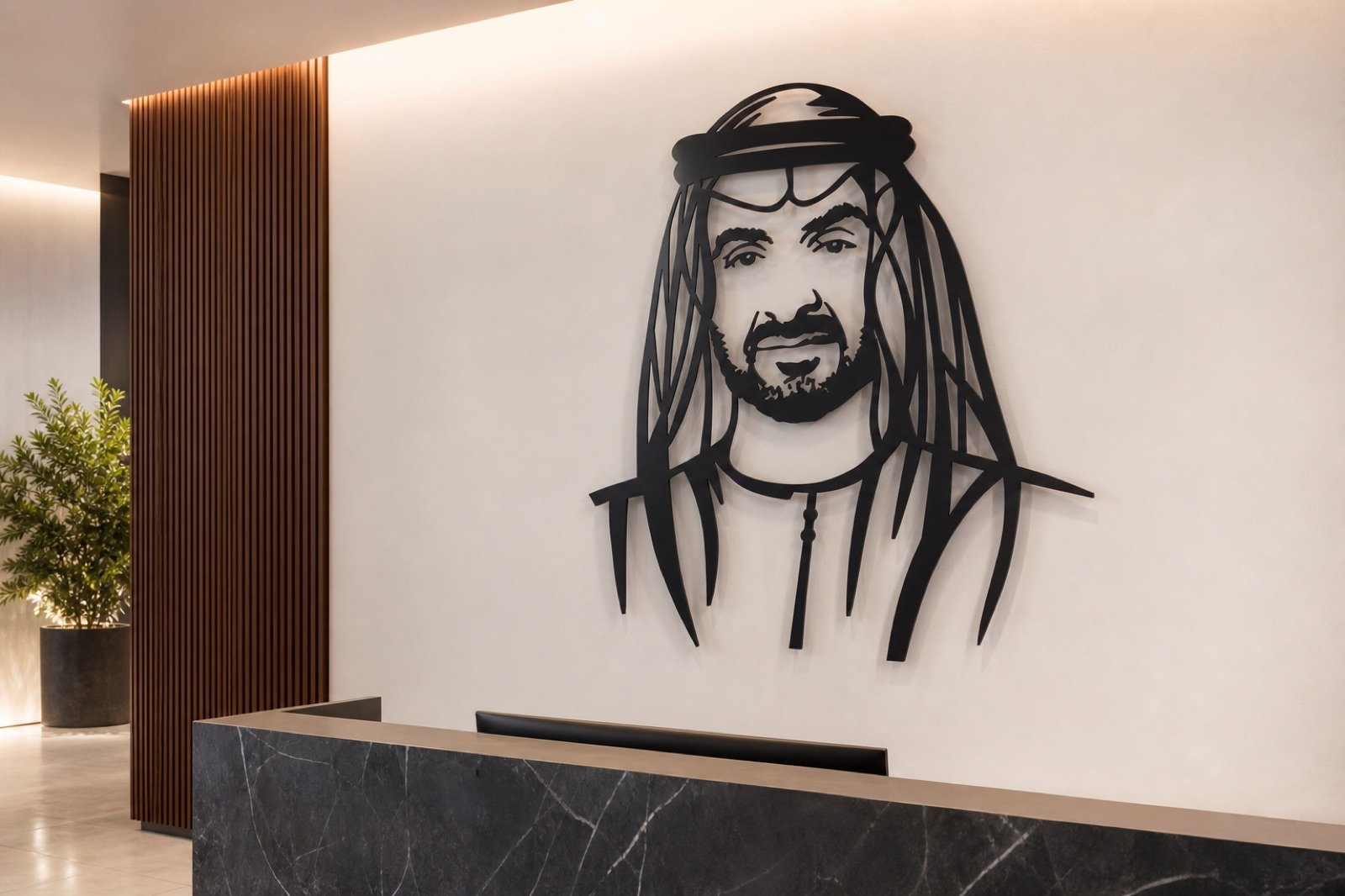 Sheikh Mohammed bin Zayed — Classic Portrait (Metal) — handcrafted wall art displayed in a premium UAE interior | Hanooon