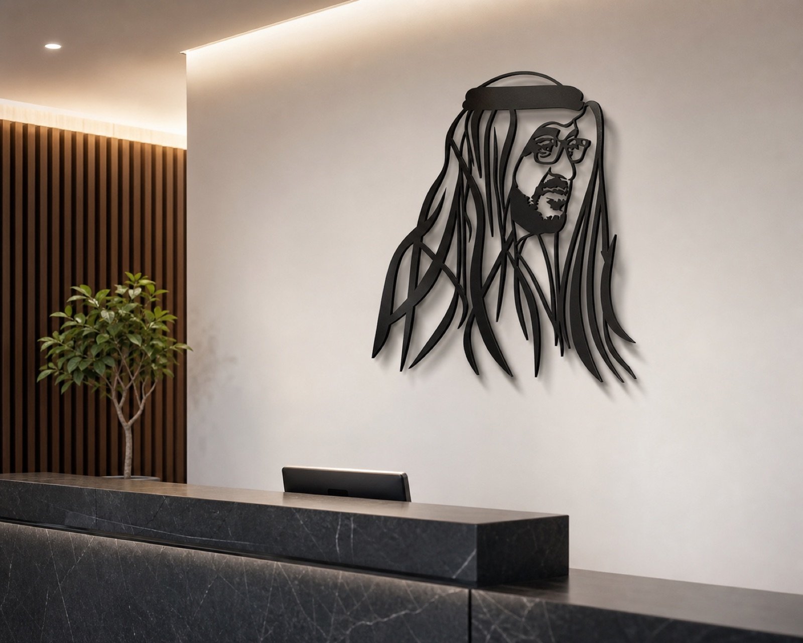 Sheikh Mohammed bin Zayed — Profile Edition (Metal) — handcrafted wall art displayed in a premium UAE interior | Hanooon