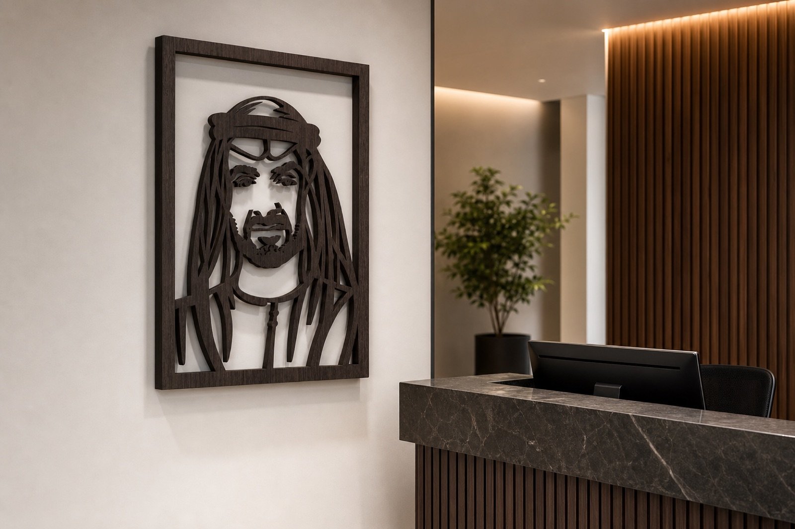 Sheikh Mohammed bin Zayed — Wood & Acrylic, Framed — handcrafted wall art displayed in a premium UAE interior | Hanooon