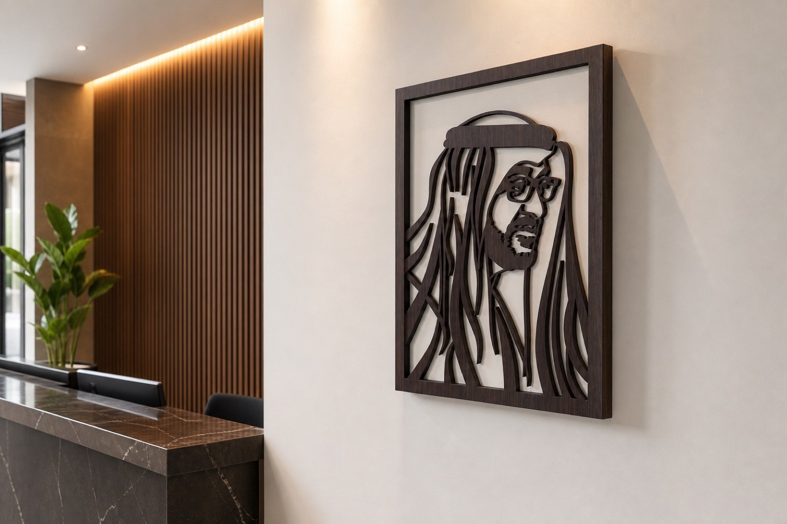 Sheikh Mohammed bin Zayed — Wood & Acrylic, Profile — handcrafted wall art displayed in a premium UAE interior | Hanooon