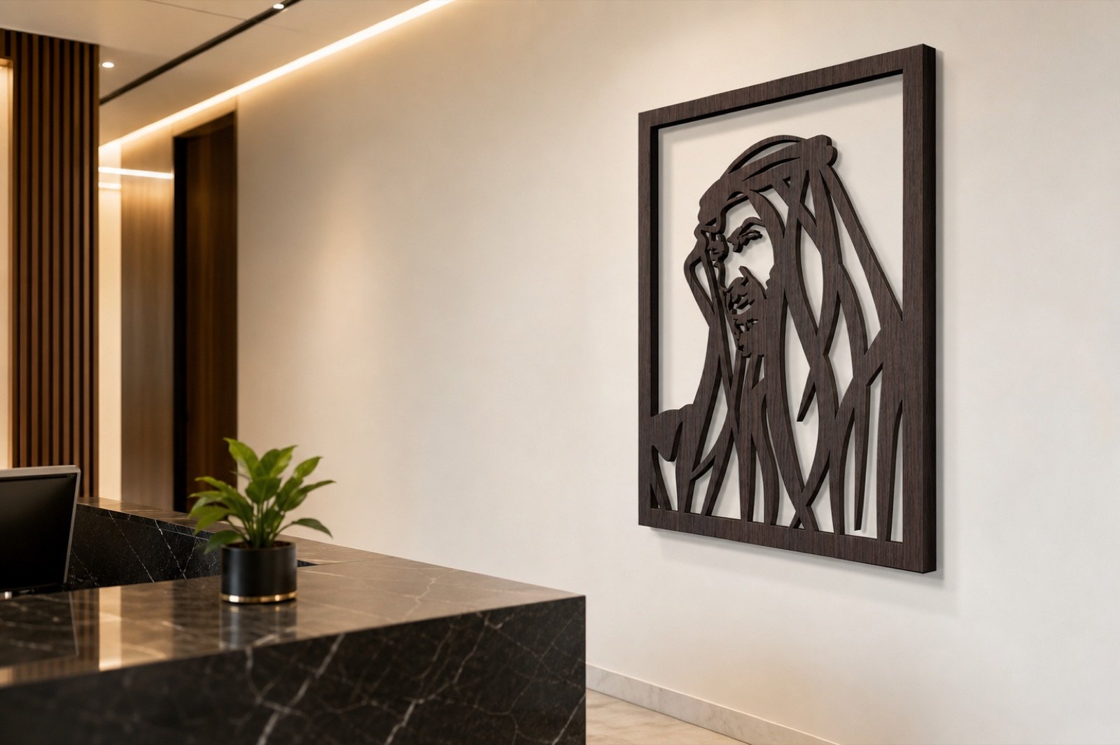Sheikh Mohammed bin Zayed — Wood & Acrylic, Artistic — handcrafted wall art displayed in a premium UAE interior | Hanooon