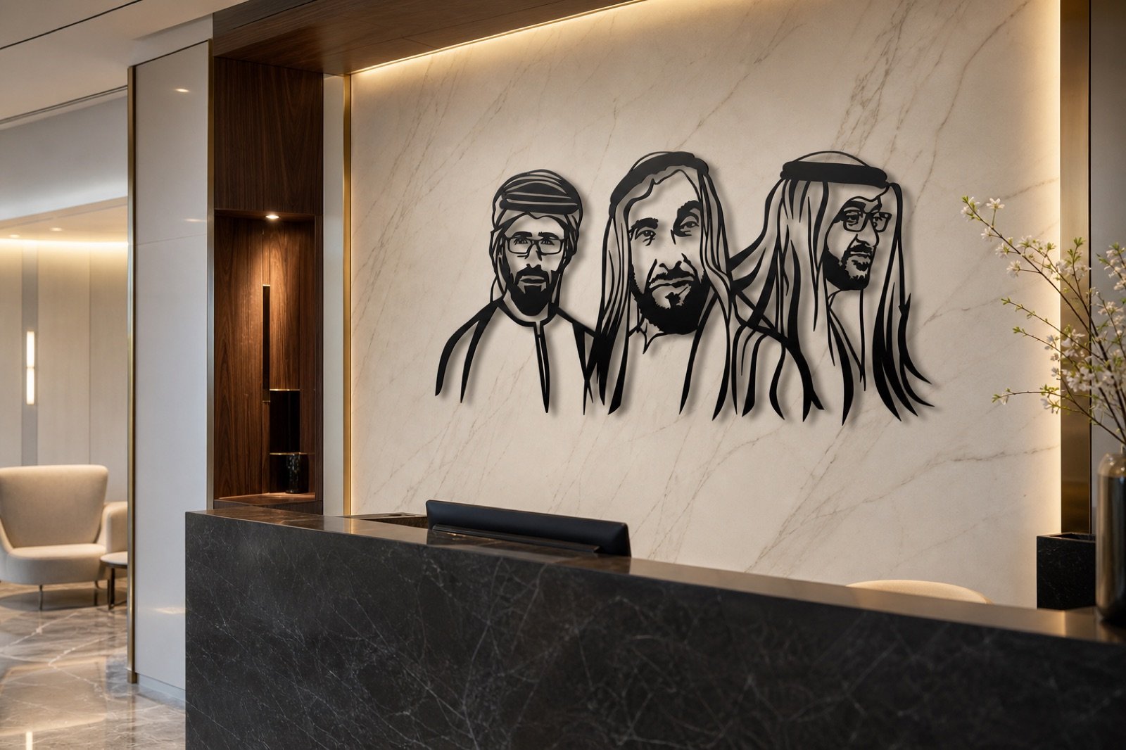 Sheikh Zayed, Mohammed & Khalid — Premium Metal — handcrafted metal wall art displayed in a premium UAE interior | Hanooon (view 10)