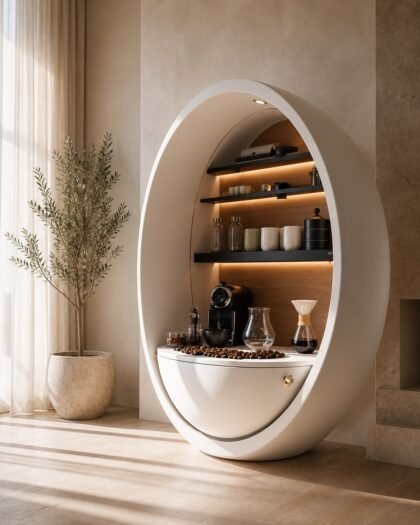 Coffee Corner Wide Arched — deep oval-pod coffee cabinet with backlit shelving, Hanooon UAE