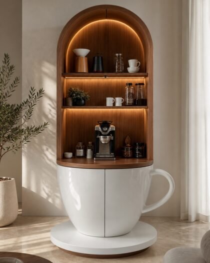Coffee Corner Tall Arched Niche — two-door arched cup coffee cabinet with backlit shelving, Hanooon UAE