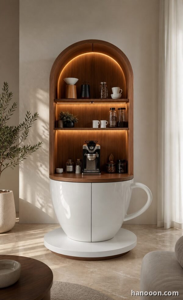 Coffee Corner Tall Arched Niche — two-door arched cup coffee cabinet with backlit shelving, Hanooon UAE