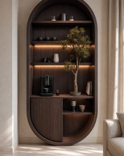 Coffee Corner — dark walnut oval coffee cabinet with built-in station, Hanooon UAE