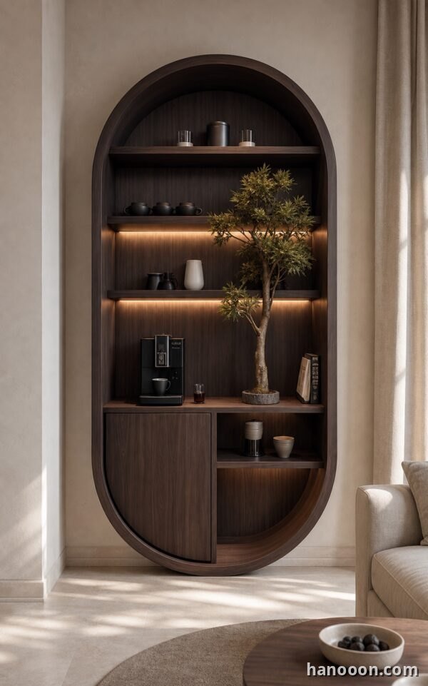 Coffee Corner — dark walnut oval coffee cabinet with built-in station, Hanooon UAE