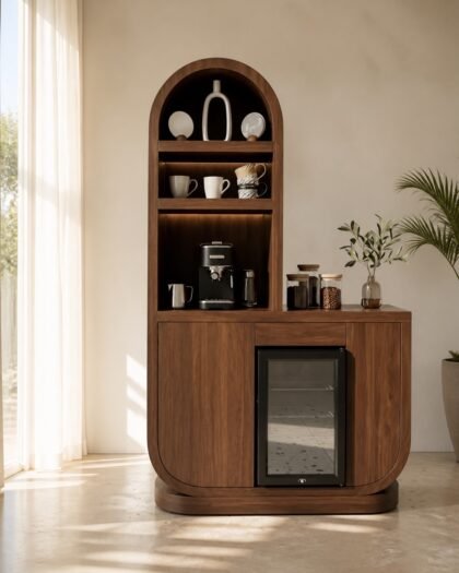 Coffee Corner With Wine Fridge — walnut coffee bar cabinet with built-in glass wine fridge, Hanooon UAE