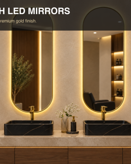 Twin Gold Arch LED Mirrors, custom handcrafted in UAE