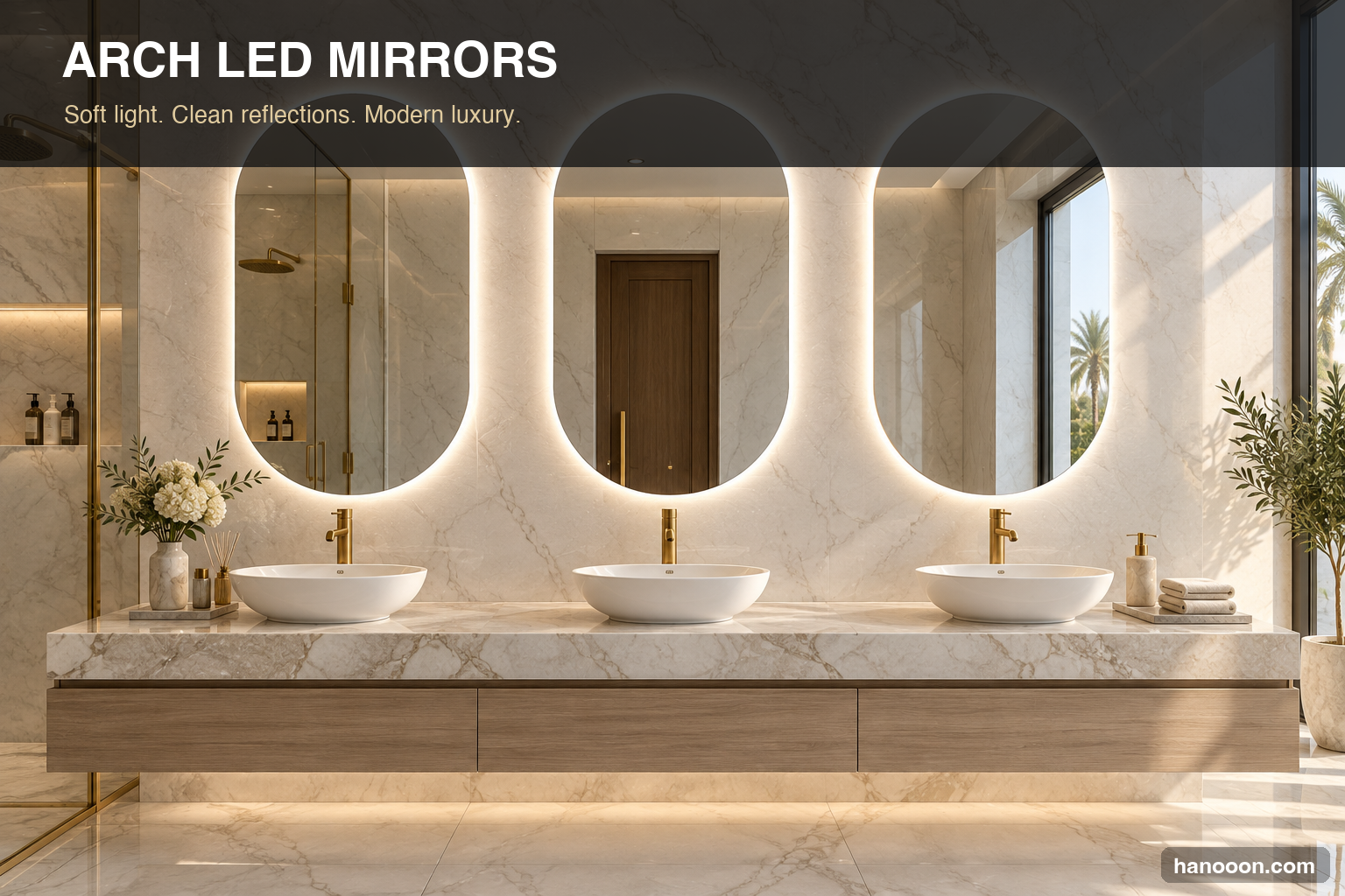 Frameless Arch LED Bathroom Mirrors, custom handcrafted in UAE