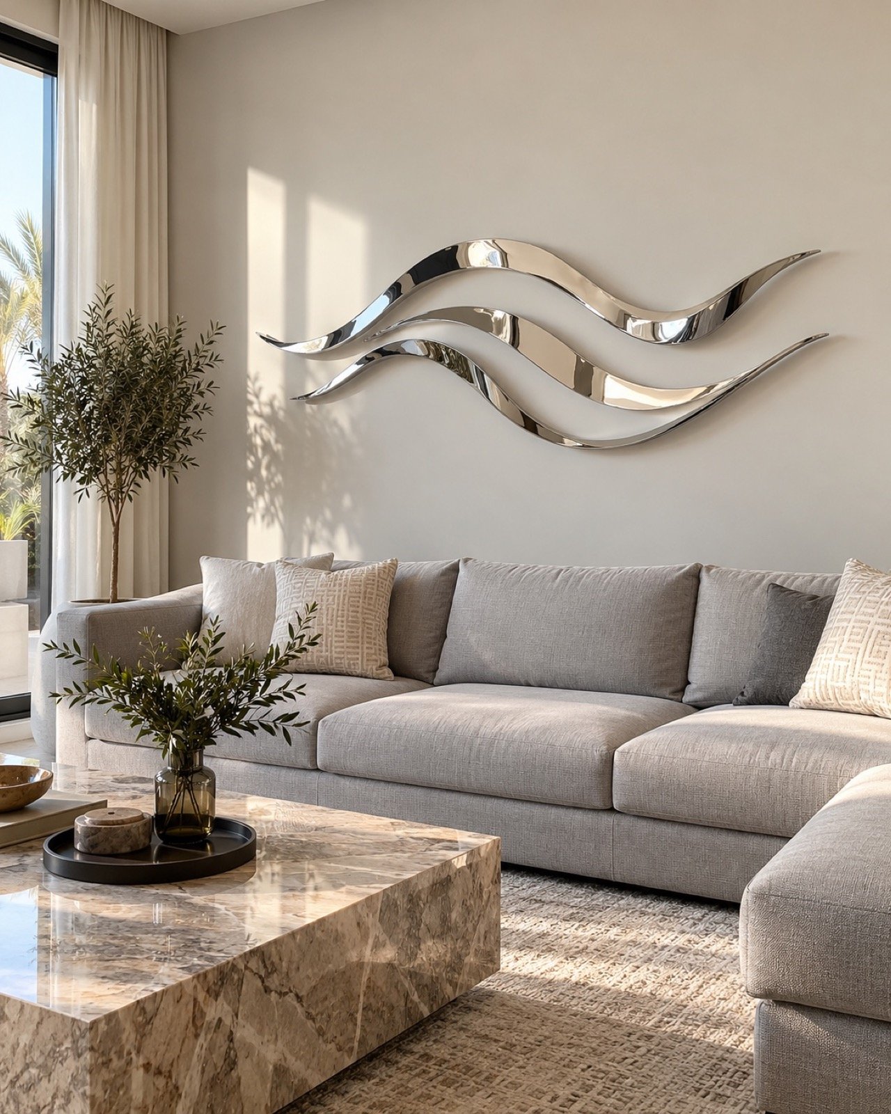 Silver liquid wave wall art mounted above a light grey sofa in a modern living room.
