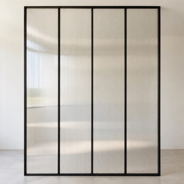 Front view of a black framed fluted glass kitchen partition on a light floor