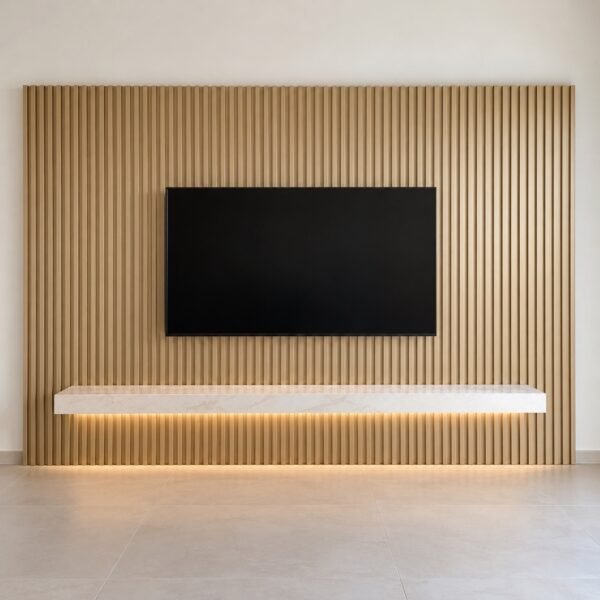 Front view of a fluted champagne-gold TV feature wall with a floating white stone shelf.