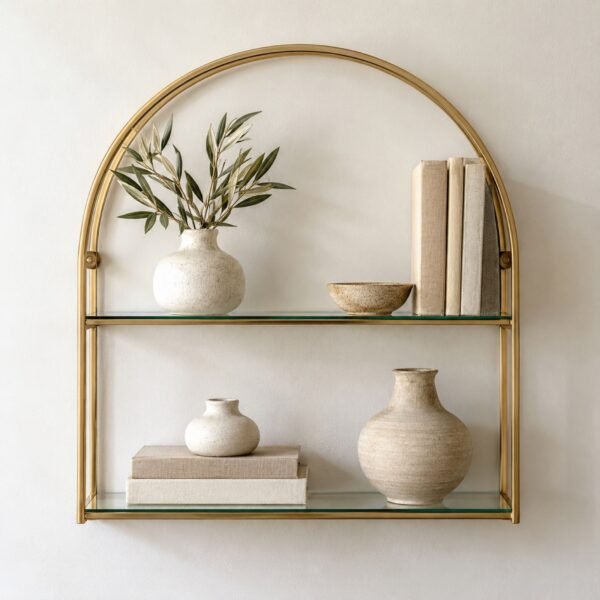 Gold arch-shaped steel wall shelf with two clear glass shelves on a plain white wall