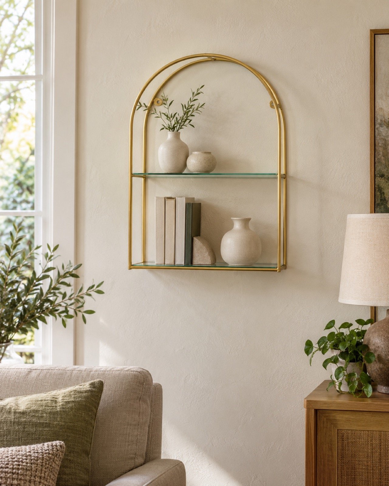 Gold arch wall shelf with two glass shelves styled with vases and books in a plaster-finish living room