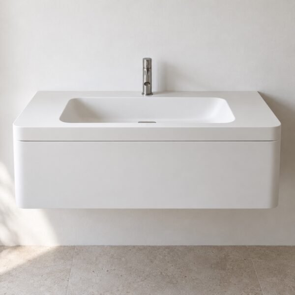 Front view of a white Corian floating bathroom vanity with integrated basin and hidden drawer