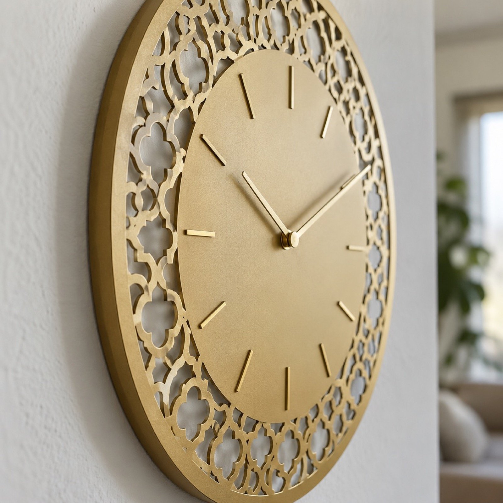 Close-up of the gold laser-cut arabesque wall clock edge, satin finish and slim bar markers.