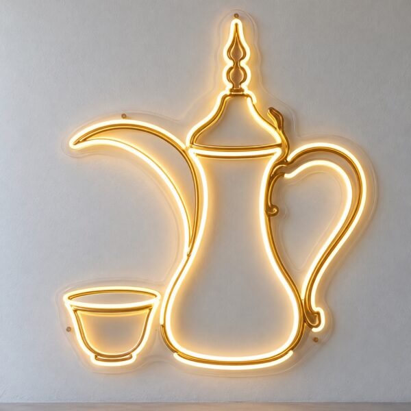 Dallah and finjan LED neon sign in warm white and gold on clear acrylic, front view