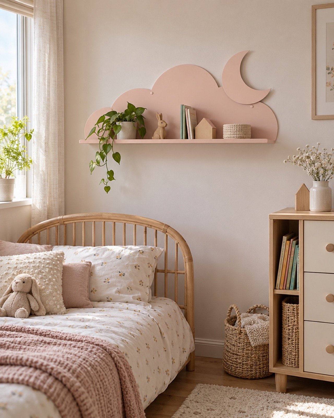 Cloud and moon kids wall shelf in soft pastel powder-coated steel on a plain white wall
