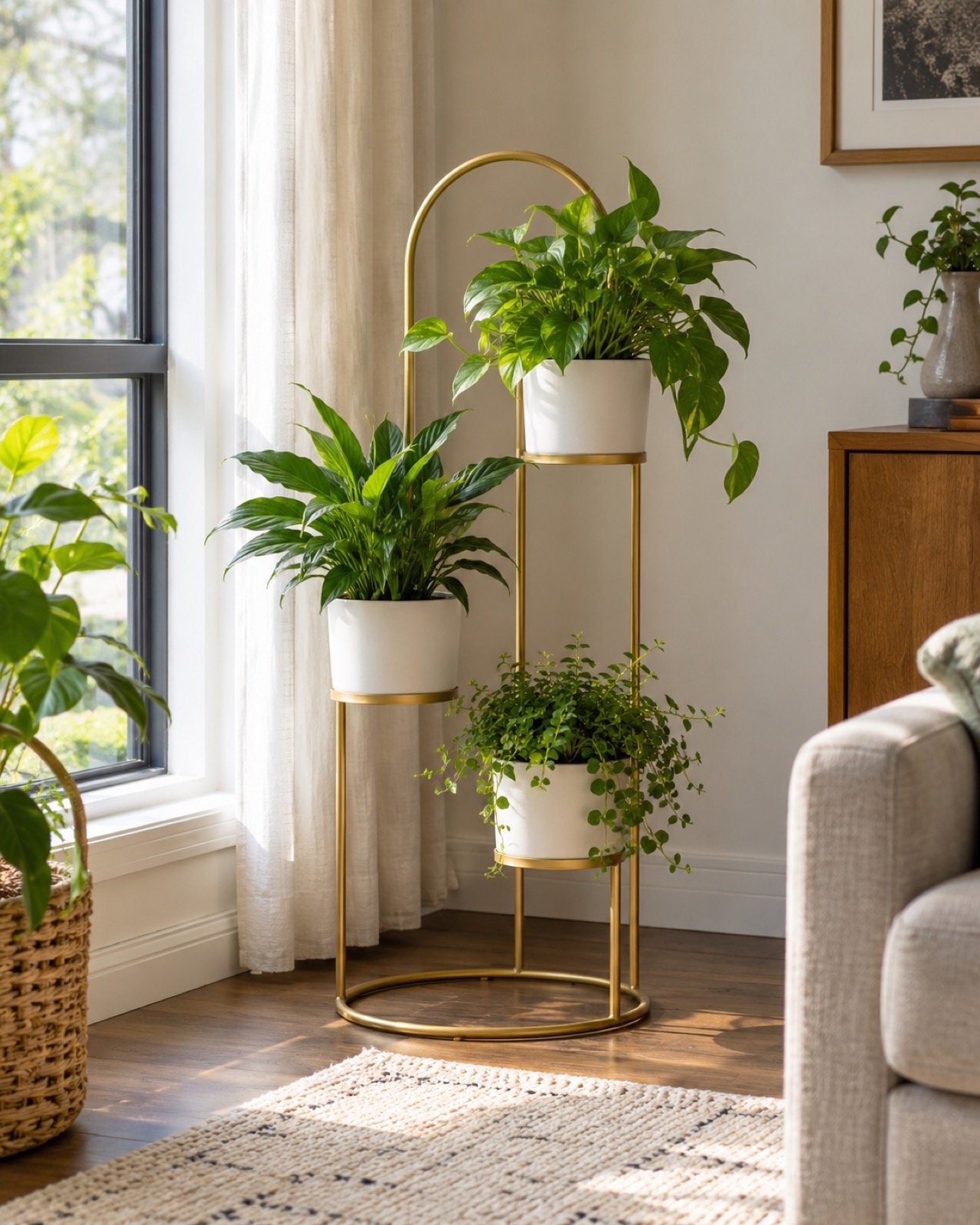 Gold arch planter stand with three white pots beside a bright living room window