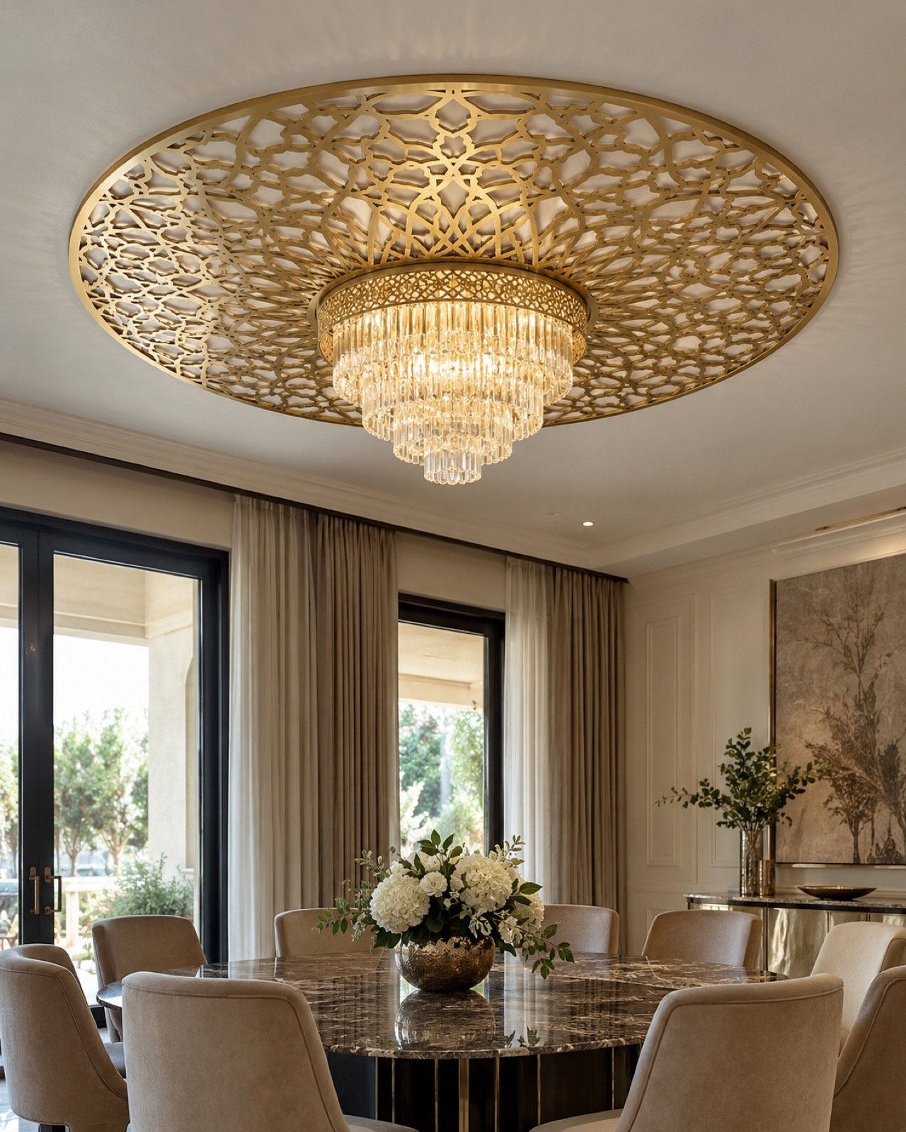 Gold round ceiling medallion with crystal chandelier above an elegant villa dining room