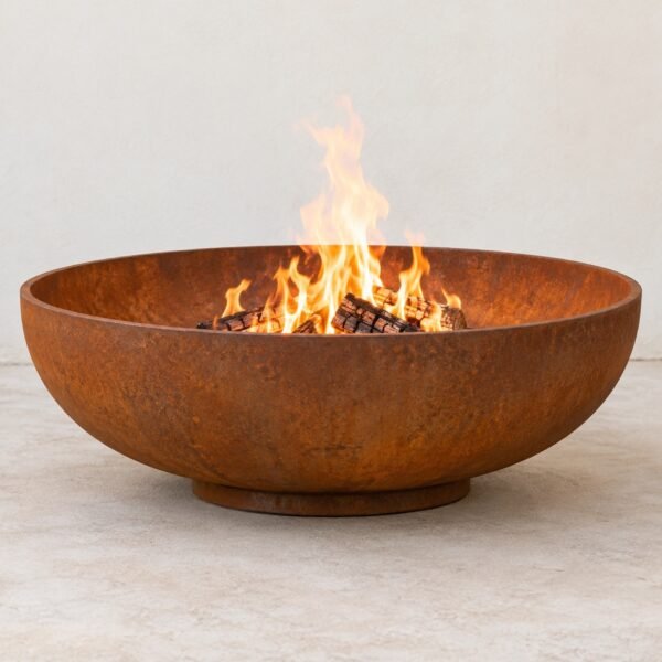 Round Corten steel outdoor fire bowl with flames on a light floor against a plain white wall.