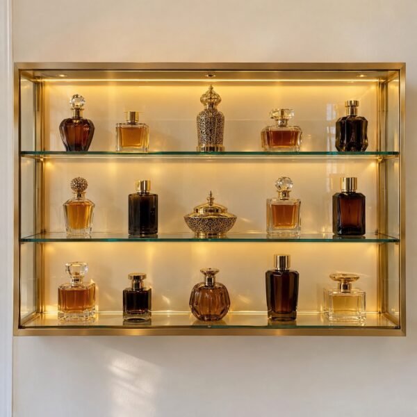Front view of a brushed-gold wall-mounted glass oud showcase with three lit shelves and unbranded bottles