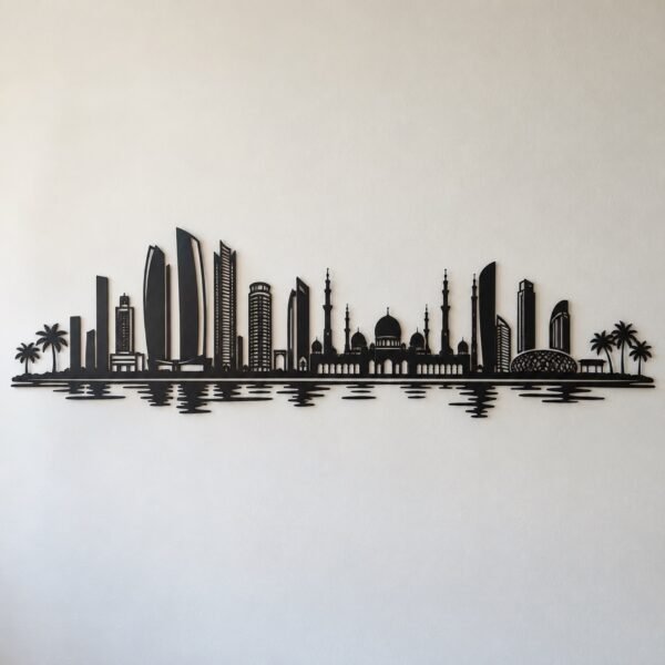 Black laser-cut steel Abu Dhabi Corniche skyline wall art on a plain white wall