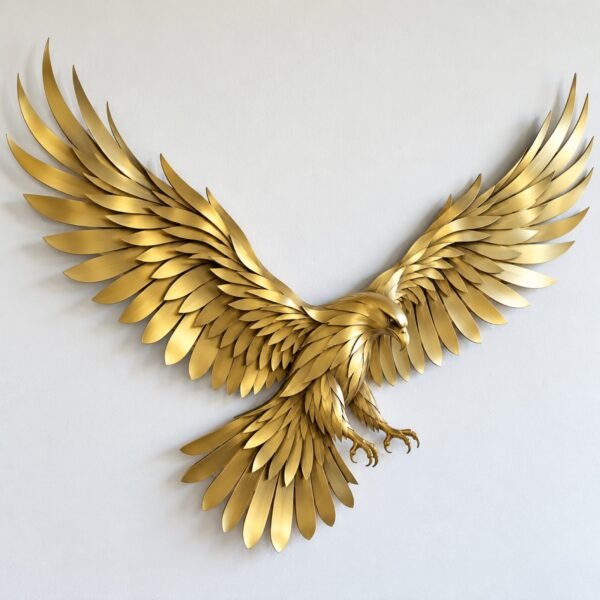 3D layered gold PVD steel falcon wall art on a white wall