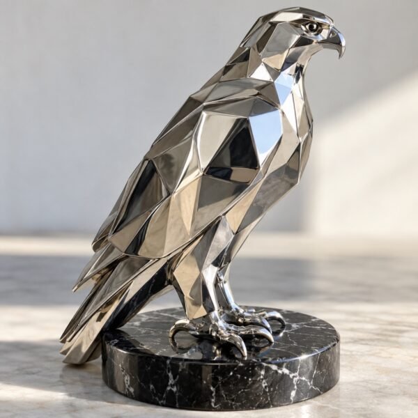Faceted mirror-polished stainless steel falcon sculpture on a round black marble base against a light wall.