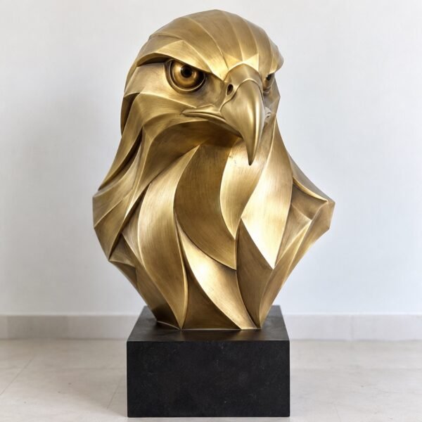 Brushed gold falcon head bust sculpture on a square black base against a plain white wall.