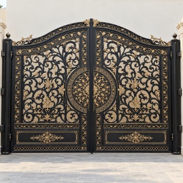 Front view of a matte black cast aluminium arched villa gate with Arabic arabesque panels and gold highlights