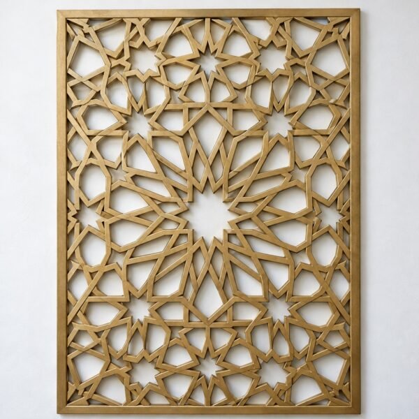 Rectangular antique gold cast aluminium decorative wall panel with deep Islamic geometric star relief on a plain light background
