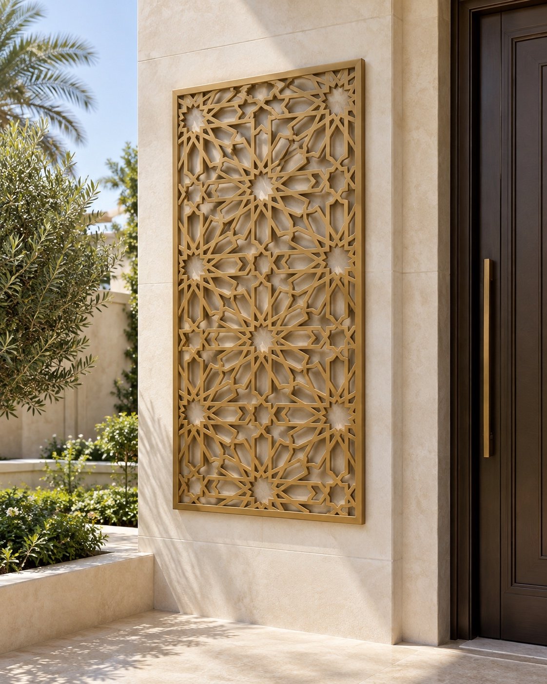 Antique gold cast aluminium geometric star relief wall panel mounted beside a UAE villa entrance in daylight
