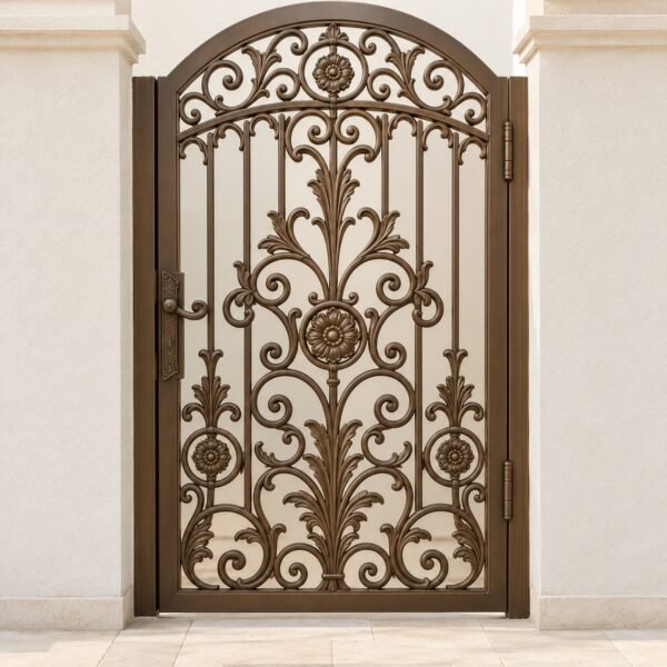 Bronze cast aluminium arched pedestrian gate with scroll and rosette panels on a light background