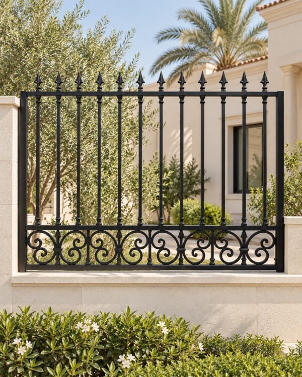 Matte black cast aluminium boundary fence panel on a low cream stone wall around a UAE villa garden in daylight.
