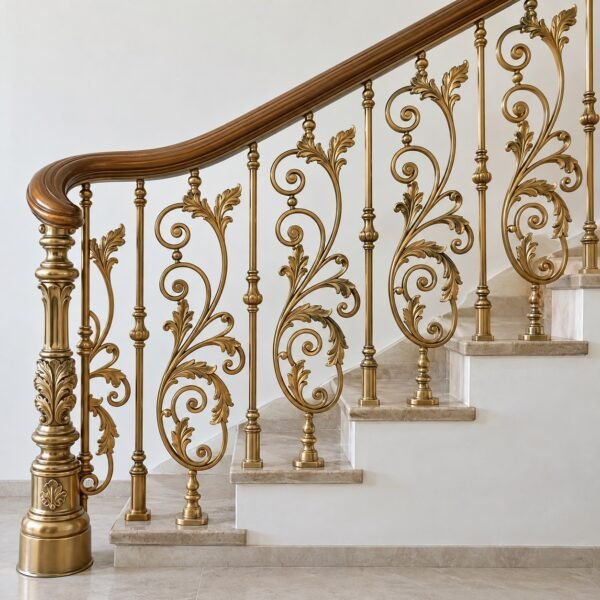 Champagne-gold cast aluminium staircase railing with scroll and leaf baluster panels on a light background